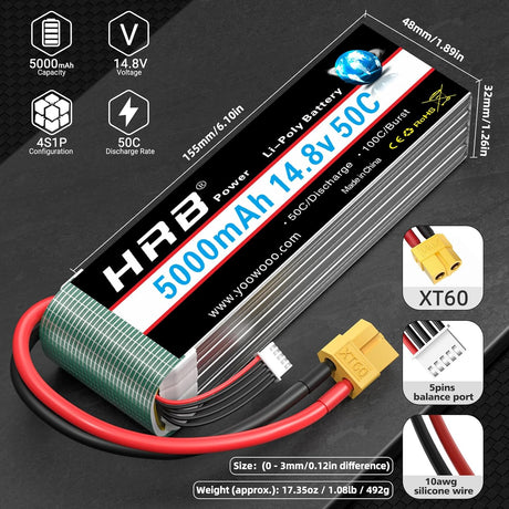 HRB 14,8V 5000mAh 50C LiPo- Akku mit XT60-Stecker (2 St.)