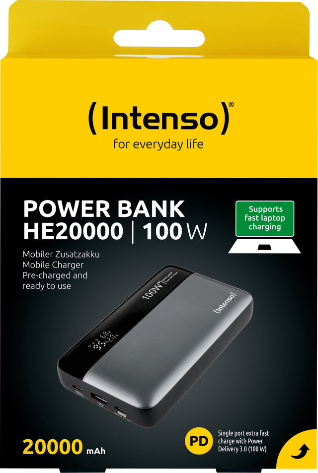 Intenso Akku-Powerbank „HE20000“ – 20.000 mAh, Grau-Schwarz, 100 W, 1× USB-A QC, 2× USB-C PD 3.0
