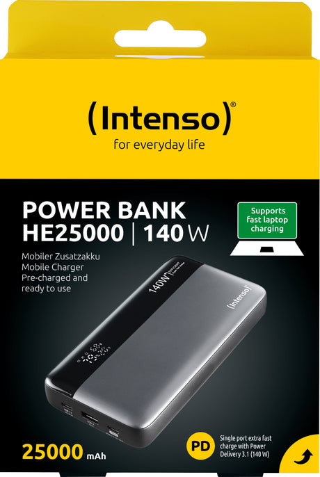 Intenso Akku-Powerbank „HE25000“ – 25.000 mAh, Grau-Schwarz, 140 W, 1× USB-A QC, 2× USB-C PD 3.1