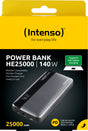 Intenso Akku-Powerbank „HE25000“ – 25.000 mAh, Grau-Schwarz, 140 W, 1× USB-A QC, 2× USB-C PD 3.1