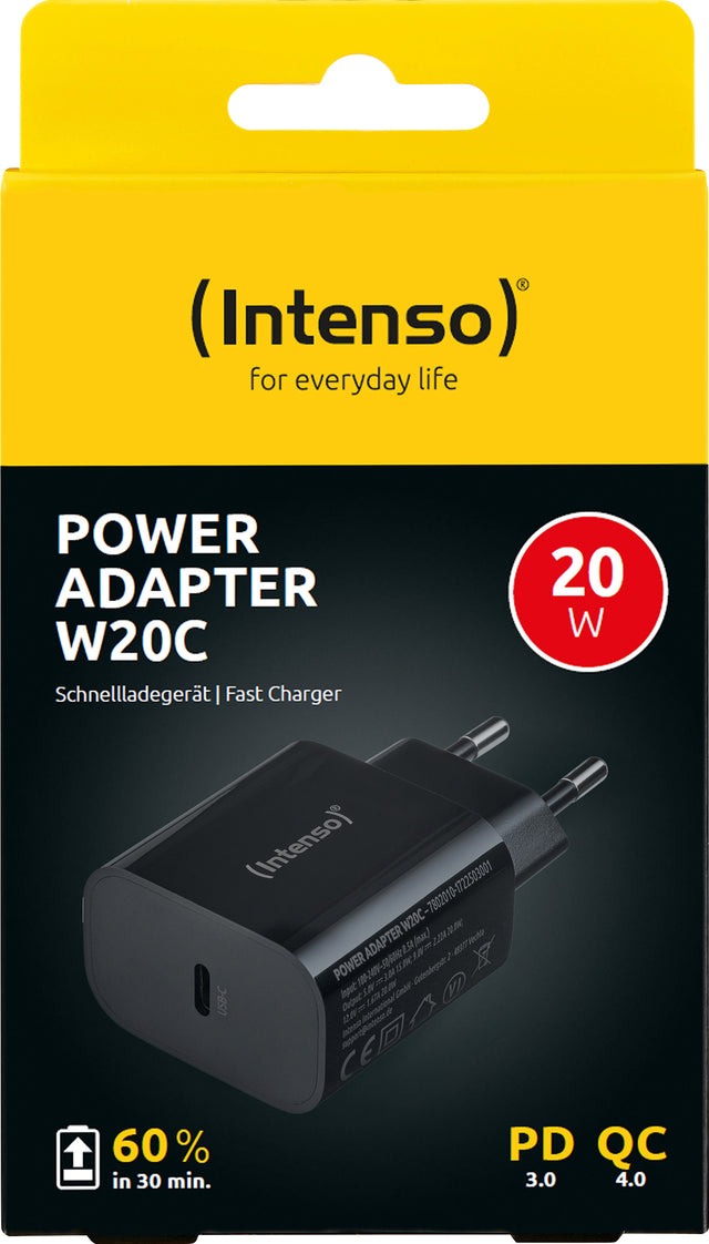 Intenso Ladeadapter „W20C“ – 20 W USB-C Power Delivery, Schwarz (Retail-Blister)