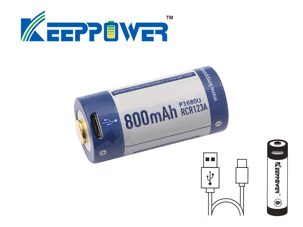 Keeppower 16340 - 800mAh, 3,6V - 3,7V Li-Ionen-Akku mit USB Ladefunktion und Schutzelektronik