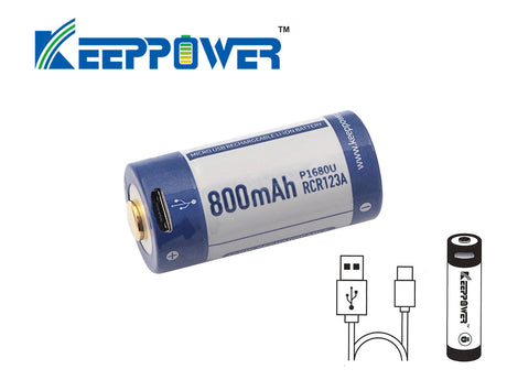 Keeppower 16340 - 800mAh, 3,6V - 3,7V Li-Ionen-Akku mit USB Ladefunktion und Schutzelektronik