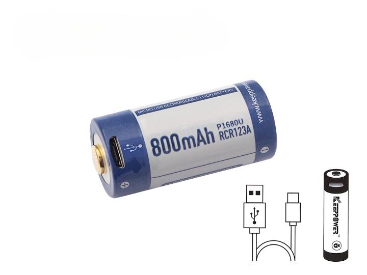 Keeppower 16340 - 800mAh, 3,6V - 3,7V Li-Ionen-Akku mit USB Ladefunktion und Schutzelektronik