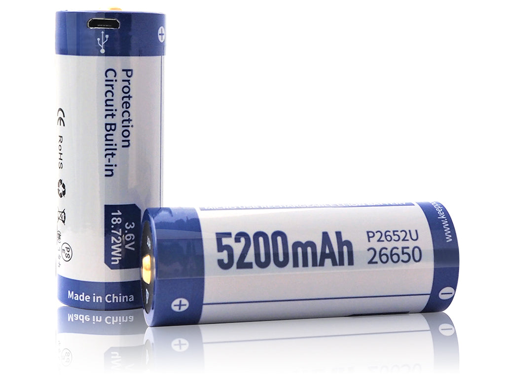 Keeppower 26650 - 5200mAh, Li-Ionen 3,7V - 3,6V - PCB geschützt mit USB Lademöglichkeit P2652U