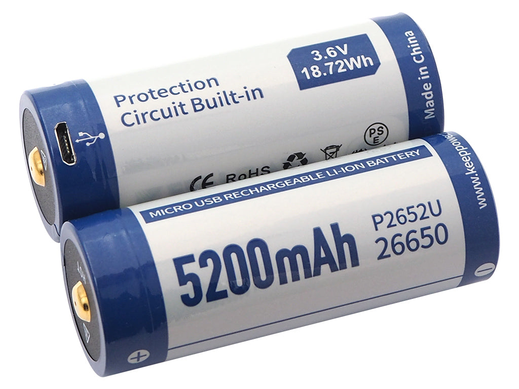 Keeppower 26650 - 5200mAh, Li-Ionen 3,7V - 3,6V - PCB geschützt mit USB Lademöglichkeit P2652U