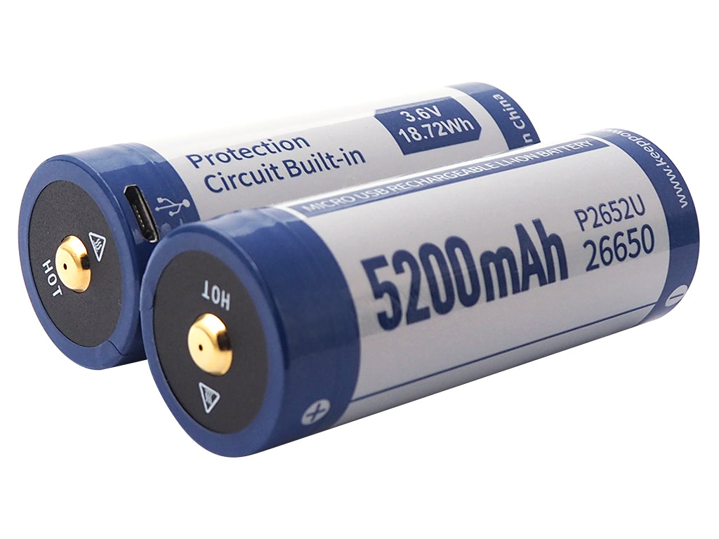 Keeppower 26650 - 5200mAh, Li-Ionen 3,7V - 3,6V - PCB geschützt mit USB Lademöglichkeit P2652U