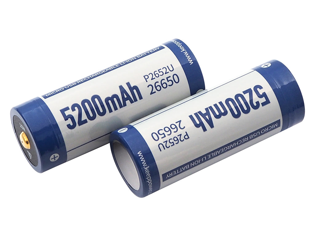 Keeppower 26650 - 5200mAh, Li-Ionen 3,7V - 3,6V - PCB geschützt mit USB Lademöglichkeit P2652U