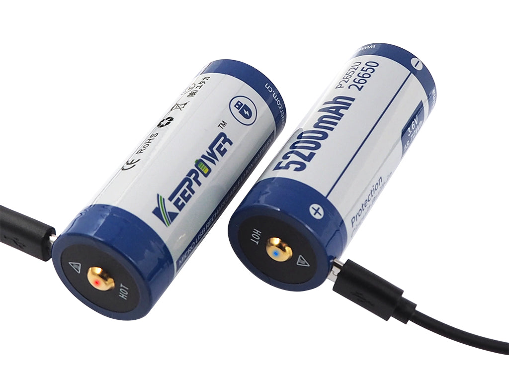 Keeppower 26650 - 5200mAh, Li-Ionen 3,7V - 3,6V - PCB geschützt mit USB Lademöglichkeit P2652U