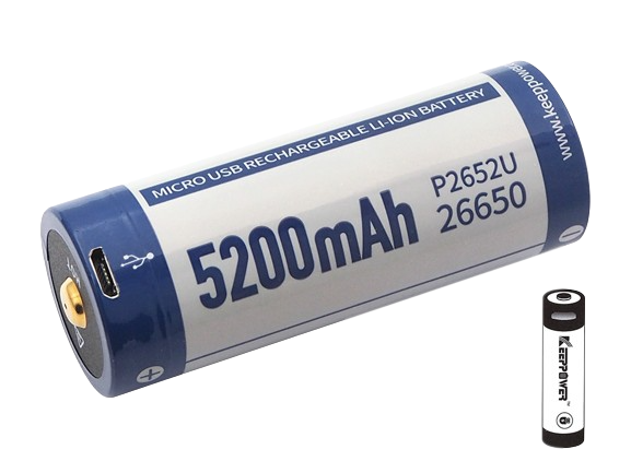 Keeppower 26650 - 5200mAh, Li-Ionen 3,7V - 3,6V - PCB geschützt mit USB Lademöglichkeit P2652U