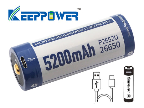 Keeppower 26650 - 5200mAh, Li-Ionen 3,7V - 3,6V - PCB geschützt mit USB Lademöglichkeit P2652U