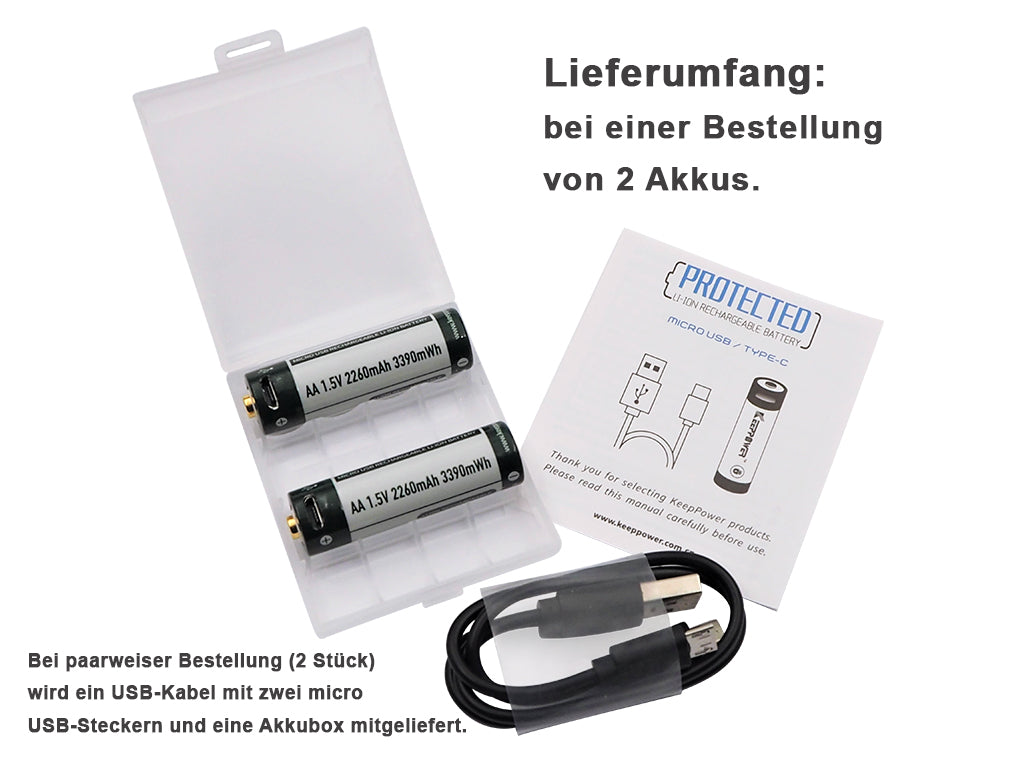 Keeppower AA 1,5V 3390mWh (ca. 2260mAh) Lithium-Ionen-Akku (Wiederaufladbar über micro USB)
