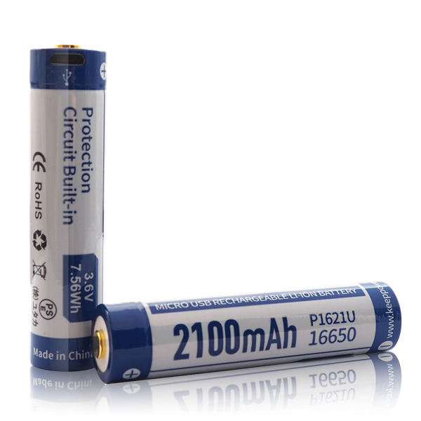 Keeppower 16650 - 2100mAh, Li-Ion 3,7V - 3,6V - PCB geschützt mit USB Lademöglichkeit P1621U