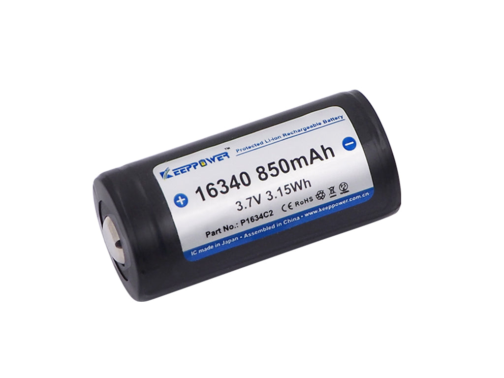 Keeppower 16340 - 850mAh 3,6V - 3,7V (Pluspol erhöht) Li-Ion-Akku P1634C2