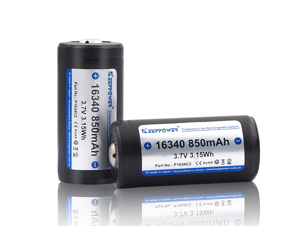 Keeppower 16340 - 850mAh 3,6V - 3,7V (Pluspol erhöht) Li-Ion-Akku P1634C2