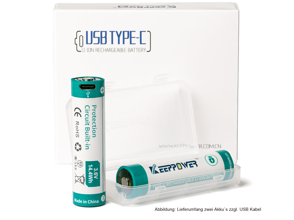 Keeppower 18650 - *4000mAh, Li-Ionen 3,7V - 3,6V - **PCB geschützt, mit USB-C Lademöglichkeit P1840TC