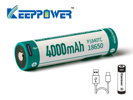 Keeppower 18650 - *4000mAh, Li-Ionen 3,7V - 3,6V - **PCB geschützt, mit USB-C Lademöglichkeit P1840TC