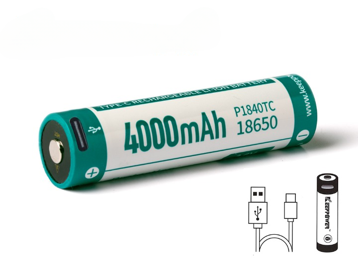 Keeppower 18650 - *4000mAh, Li-Ionen 3,7V - 3,6V - **PCB geschützt, mit USB-C Lademöglichkeit P1840TC
