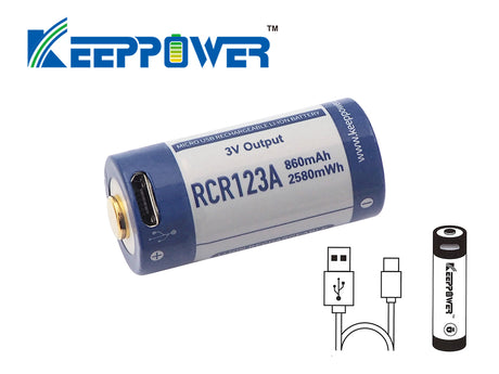 Keeppower RCR123A 3V Lithium Ionen Akku (Wiederaufladbar über micro USB)