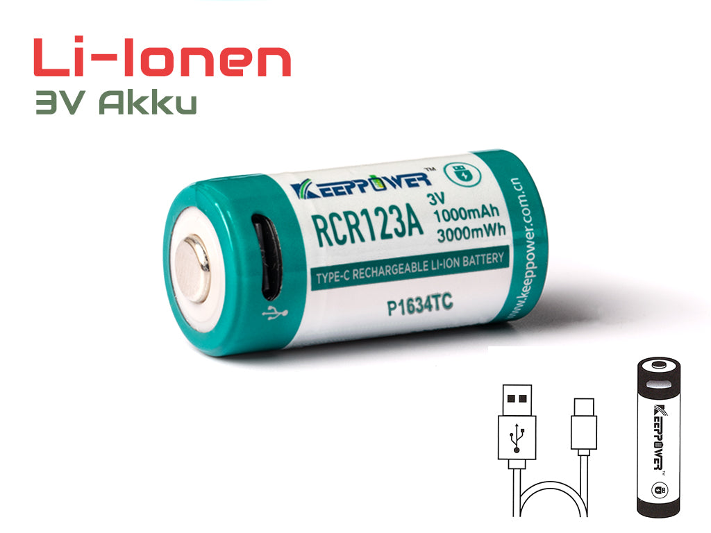 Keeppower RCR123A 3V 1000mAh Li-Ionen Akku USB-C