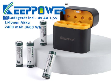 Keeppower I4 Ladegerät mit 4× 1,5V AA Li-Ion-Akkus – USB-C Eingang
