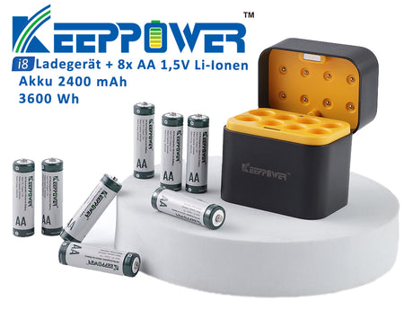 Keeppower I8 Ladegerät mit 8× 1,5V AA Li-Ion-Akkus – USB-C Eingang
