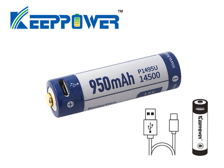 Keeppower 14500 – 950mAh Li-Ionen Akku (3,6V – 3,7V) mit USB-Lademöglichkeit und PCB