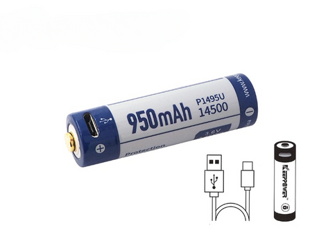 Keeppower 14500 – 950mAh Li-Ionen Akku (3,6V – 3,7V) mit USB-Lademöglichkeit und PCB