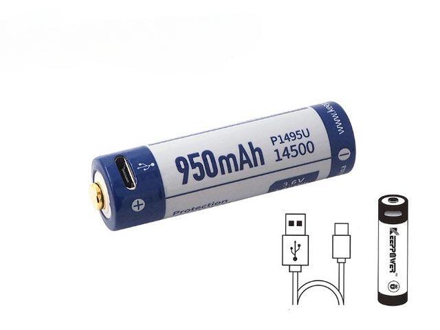 Keeppower 14500 – 950mAh Li-Ionen Akku (3,6V – 3,7V) mit USB-Lademöglichkeit und PCB