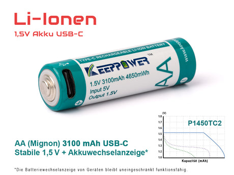 Keeppower AA 1,5 V Li-Ion-Akku mit 3100 mAh* mit Batteriewechsel-Erkennung für Verbraucher