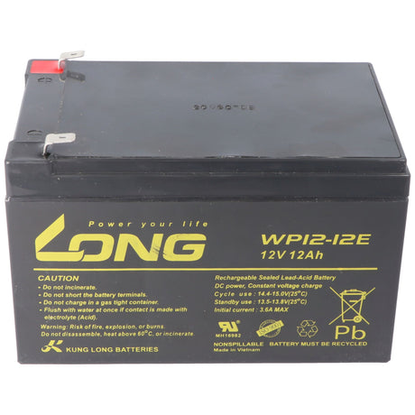 Kung Long WP12-12E F2 Zyklenfest Blei-Vlies-Akku, 12Volt, 12Ah mit 6,3mm Faston Anschluss