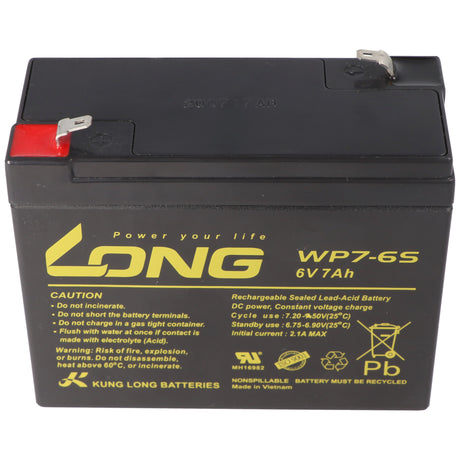 Kung Long WP7-6S F1 Blei-Vlies-Akku, 6Volt, 7Ah mit 4,8mm Faston Anschluss