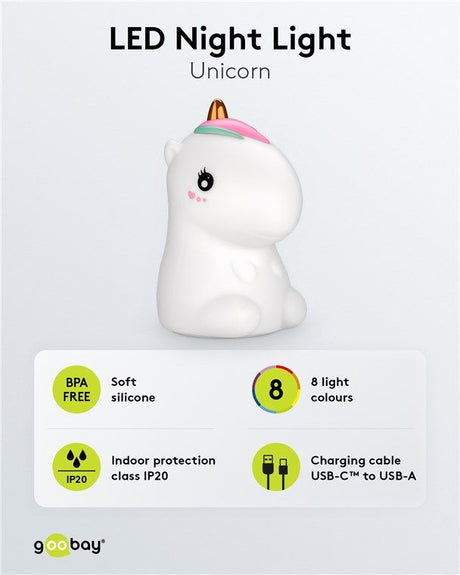 Goobay LED-Nachtlicht Einhorn - warmweißes Licht und 7 Farbwechsel RGB-Licht, mit 3 Leuchtmodi, Touch-Sensor und Li-Ion-Akku 3,7 V/1200 mAh, aus weichem Silikon