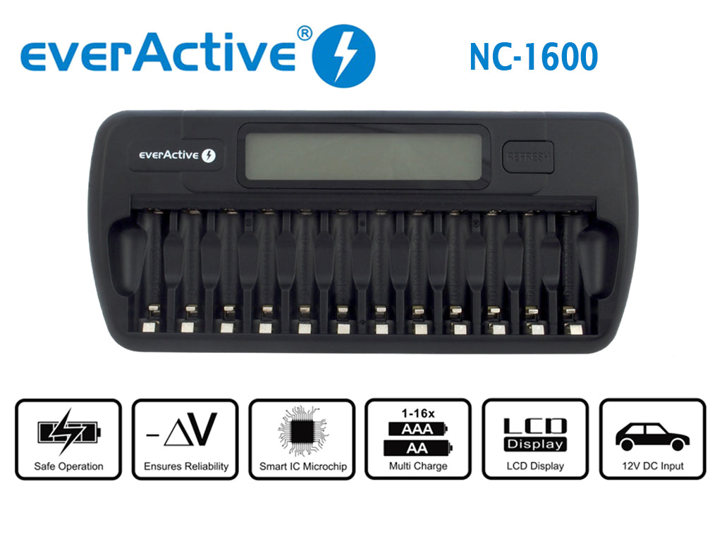 everActive NC-1200 Mikroprozessor-gesteuertes NIMH Ladegerät mit LCD-Display für 1-12 AA/AAA Akkus