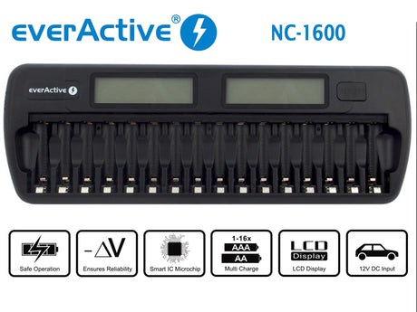 everActive NC-1600 Mikroprozessor-gesteuertes NIMH Ladegerät mit LCD-Display für 1-16 AA/AAA Akkus