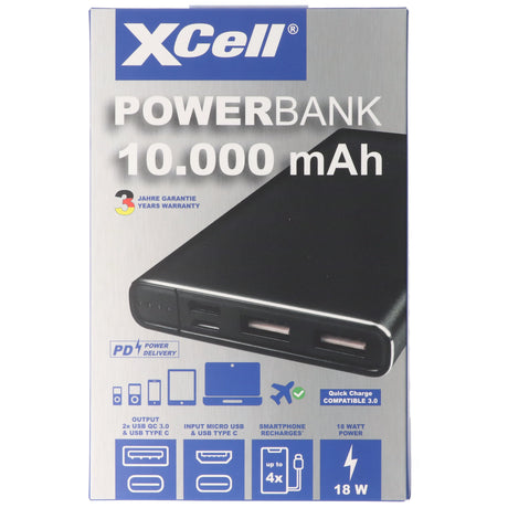 Xcell Li-Polymer Powerbank 10000mAh USB Type C und 2x QC3.0 18 Watt, max. 3A 137x67x14mm
