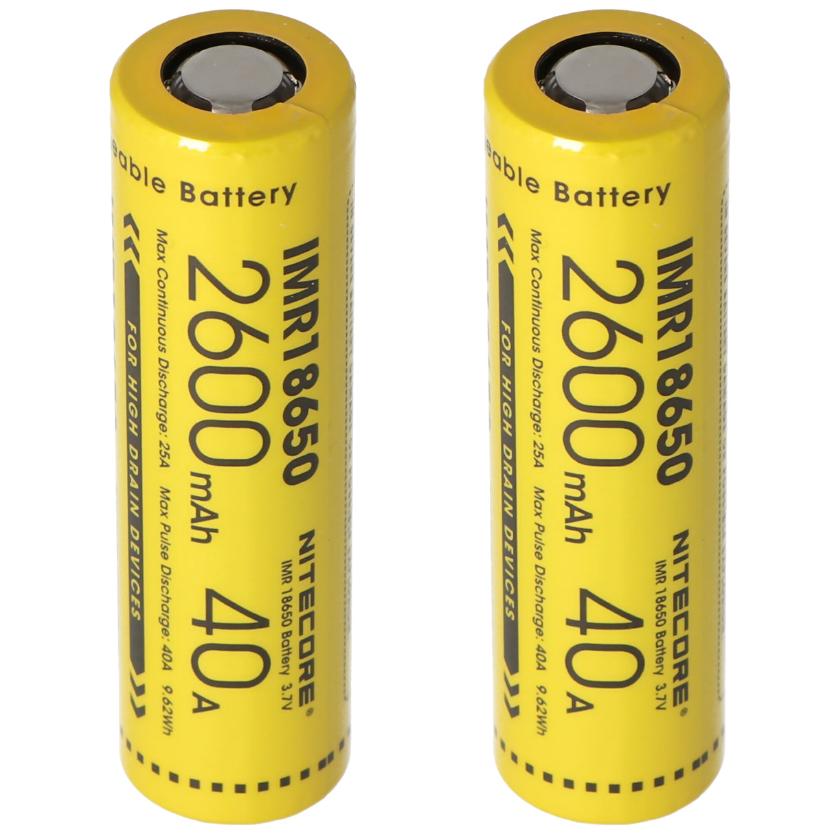 Nitecore 18650IMR Li-Ion Akku 3,7V 2600mAh/40A Flat Top (2 Stück)