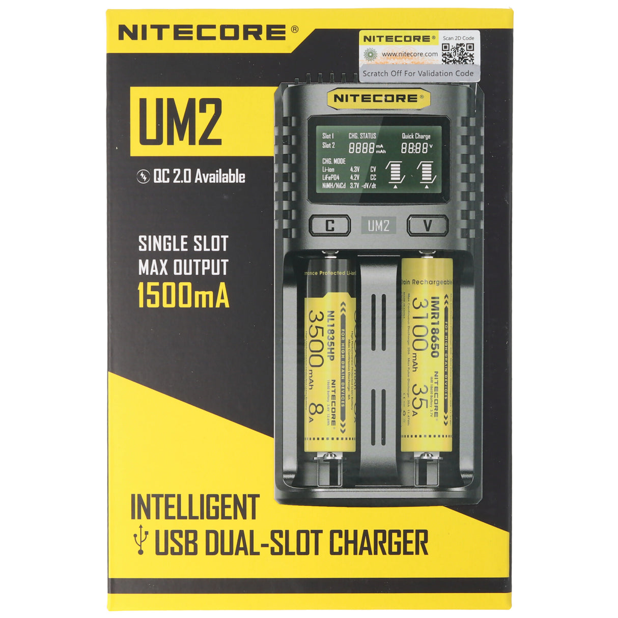 Nitecore UM2 USB-Ladegerät QC 2.0 Li-Ion Akkus, bis zu 78mm Akkus