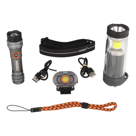 NEBO TRIPLE LIGHT KIT 8 (MYCRO 250 Stirnlampe, GALILEO 350 Laterne, 600 FLEX Taschenlampe, 3x AA (Mignon), 350 Lumen, Reichweite 17 Meter