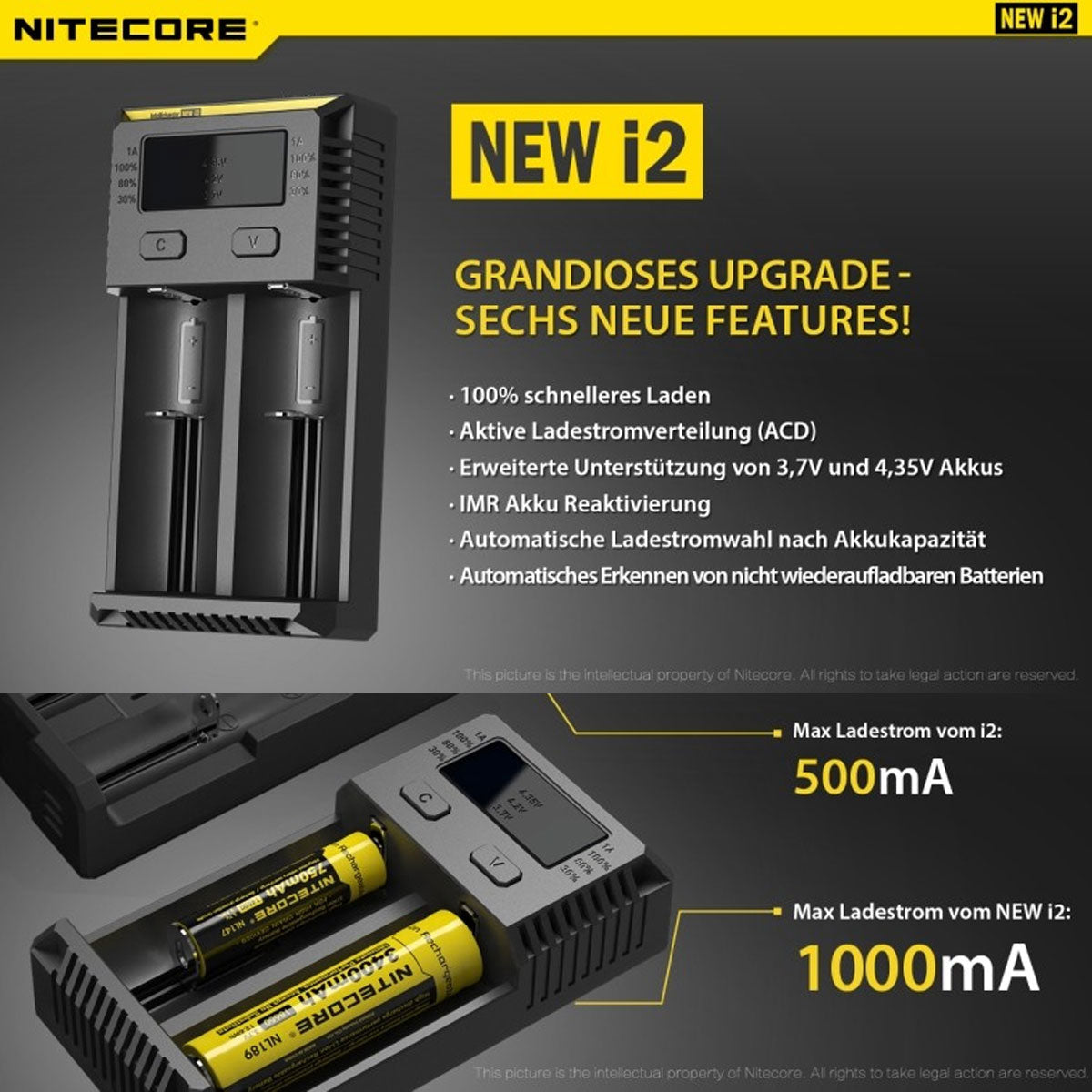 NiteCore Ladegerät Intellicharge i2 mit 2 Ladeschächten NEW NC-i2