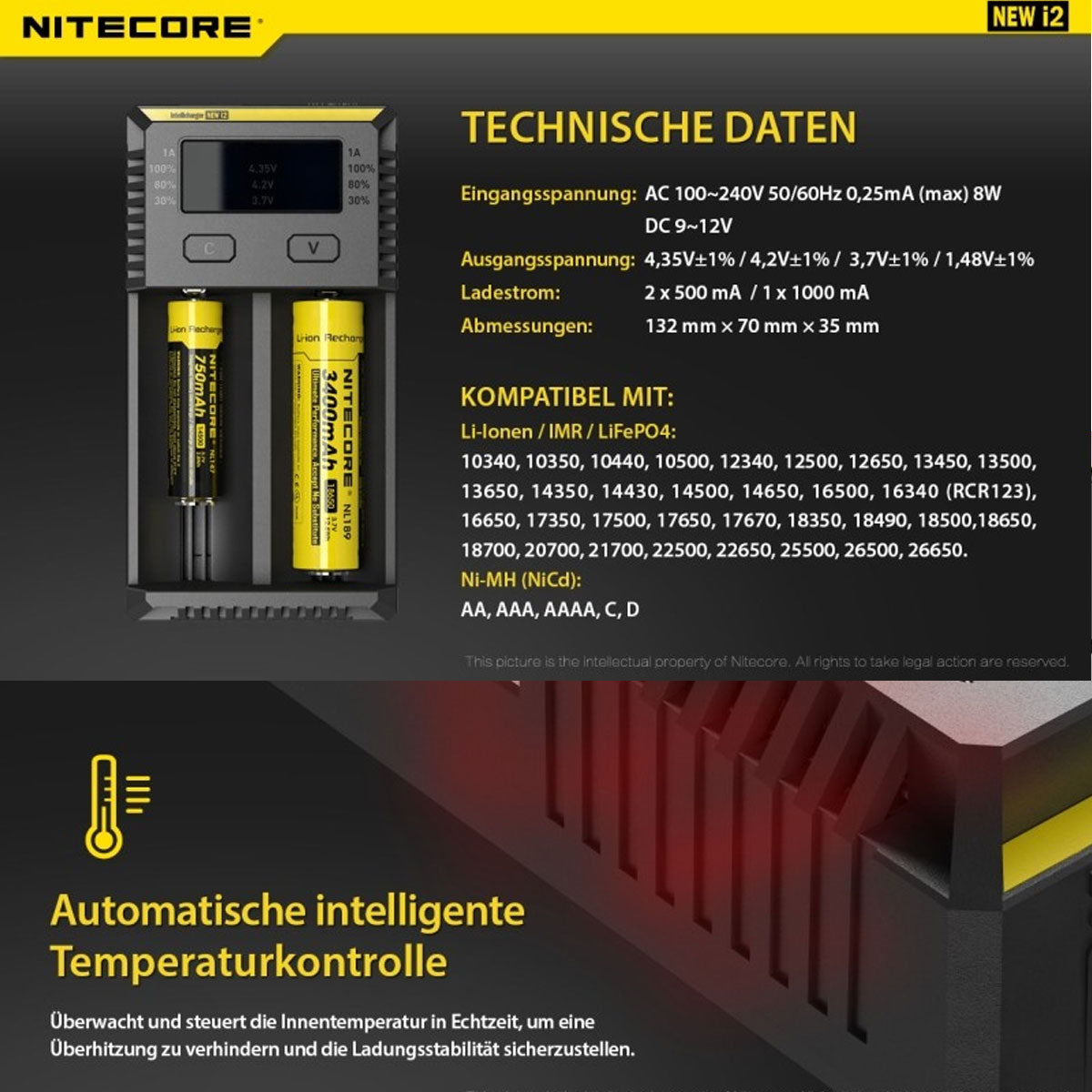 NiteCore Ladegerät Intellicharge i2 mit 2 Ladeschächten NEW NC-i2