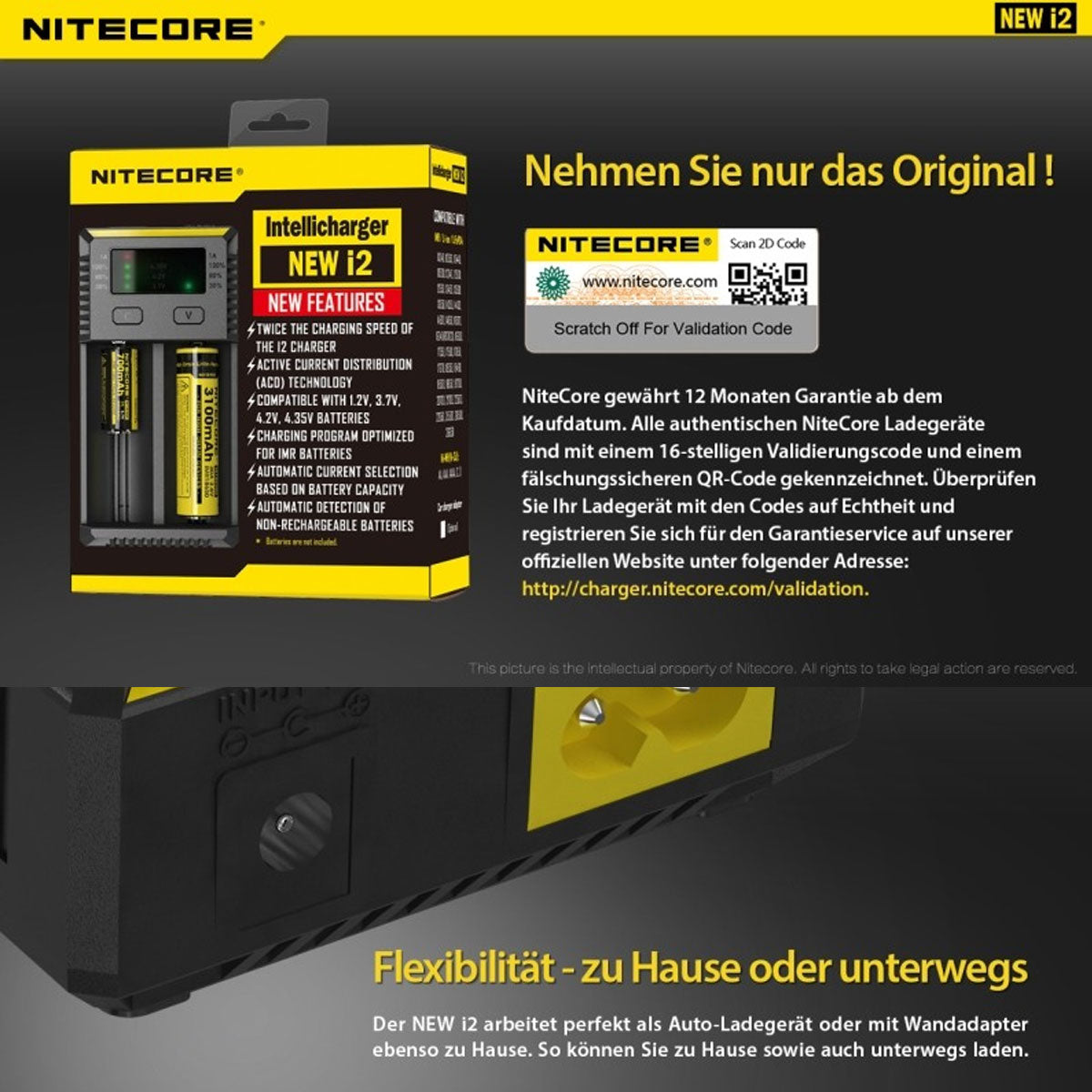 NiteCore Ladegerät Intellicharge i2 mit 2 Ladeschächten NEW NC-i2