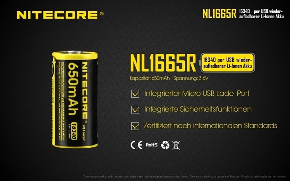 NiteCore 16340 650mAh, Li-Ionen 3,6V - 3,7V - PCB geschützt mit USB Lademöglichkeit NL-1665R