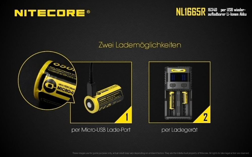 NiteCore 16340 650mAh, Li-Ionen 3,6V - 3,7V - PCB geschützt mit USB Lademöglichkeit NL-1665R