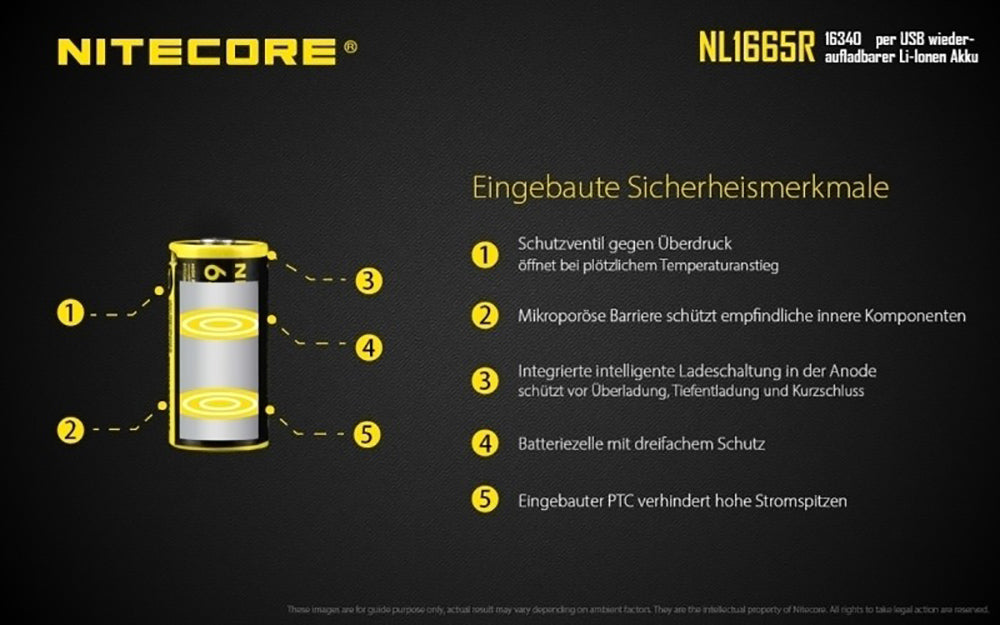 NiteCore 16340 650mAh, Li-Ionen 3,6V - 3,7V - PCB geschützt mit USB Lademöglichkeit NL-1665R