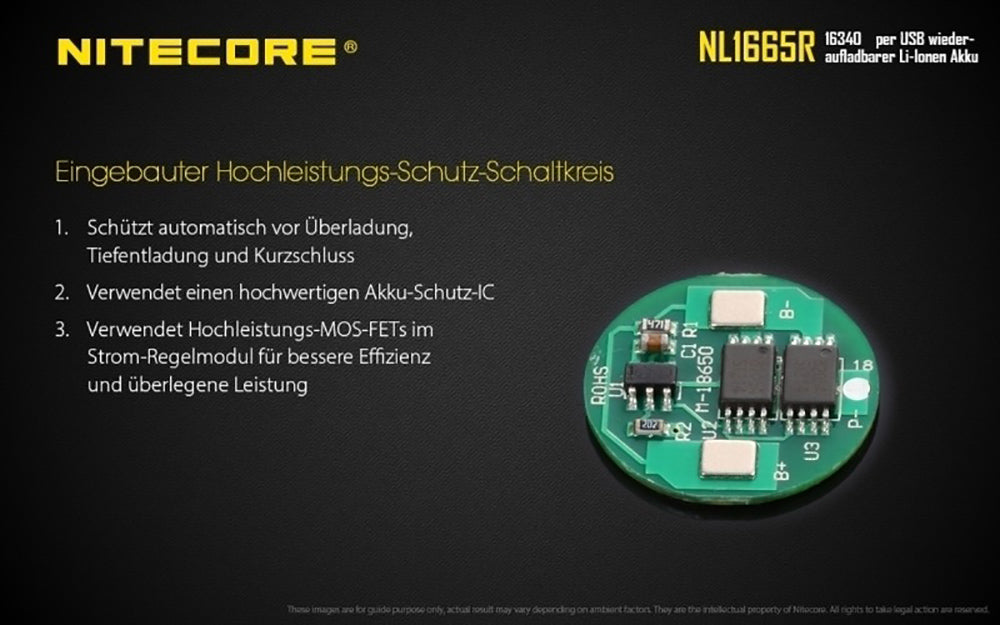 NiteCore 16340 650mAh, Li-Ionen 3,6V - 3,7V - PCB geschützt mit USB Lademöglichkeit NL-1665R