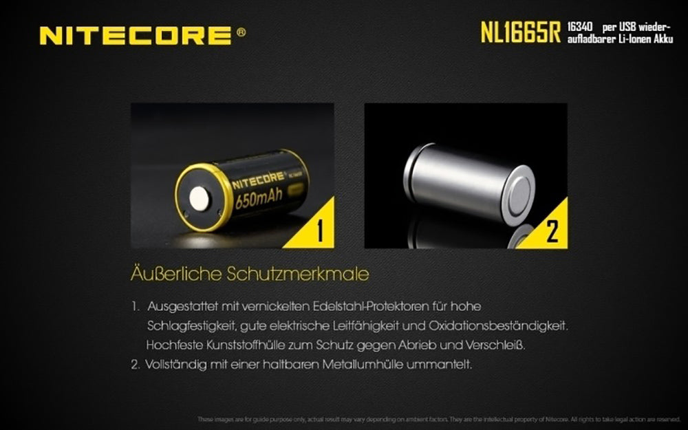 NiteCore 16340 650mAh, Li-Ionen 3,6V - 3,7V - PCB geschützt mit USB Lademöglichkeit NL-1665R