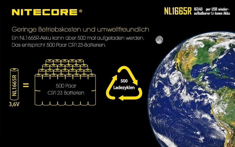 NiteCore 16340 650mAh, Li-Ionen 3,6V - 3,7V - PCB geschützt mit USB Lademöglichkeit NL-1665R