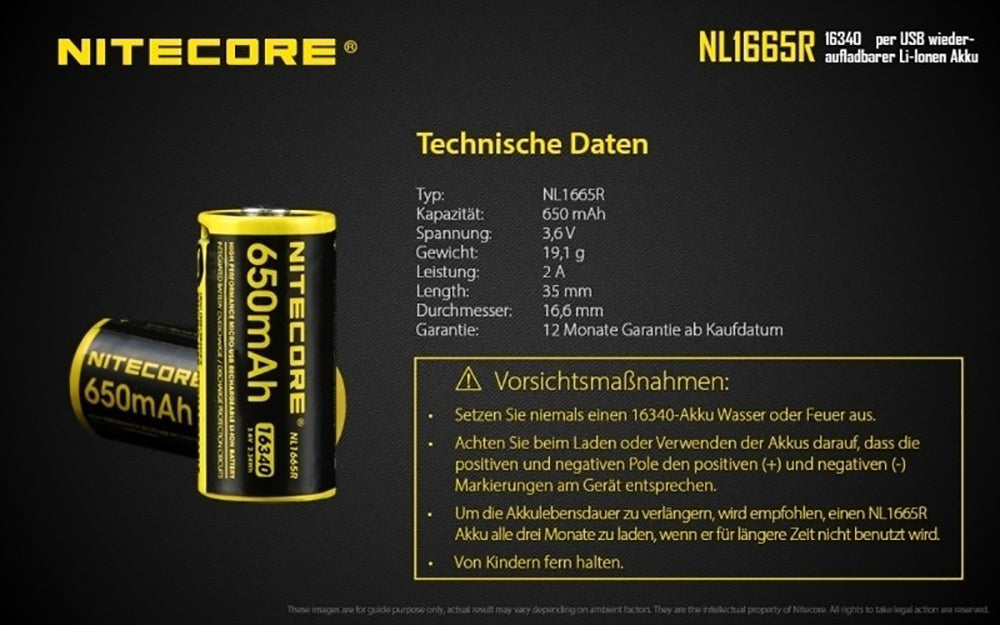 NiteCore 16340 650mAh, Li-Ionen 3,6V - 3,7V - PCB geschützt mit USB Lademöglichkeit NL-1665R