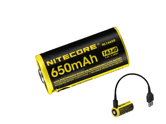 NiteCore 16340 650mAh, Li-Ionen 3,6V - 3,7V - PCB geschützt mit USB Lademöglichkeit NL-1665R